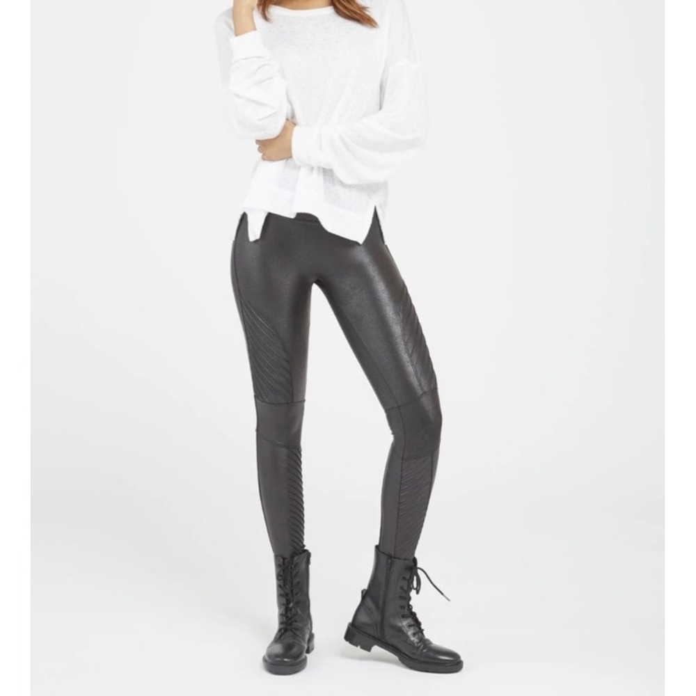 Spanx Faux Leather Moto Leggings Gunmetal Grey‎ Pull On Stretch Shaping Medium